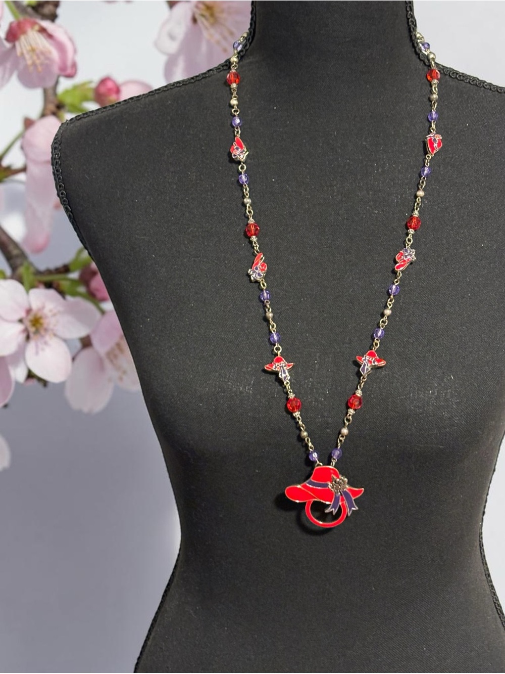 Red Hat Society Pendant Long Beaded Necklace 30”+2”